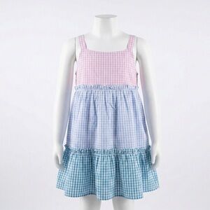 Crown & Ivy Girls XL Gingham Colorblock Tiered Pink Blue Sleeveless Sundress